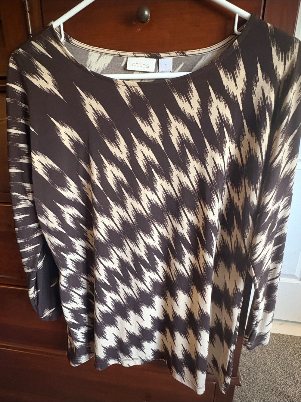 Chico's Brown and Cream Abstract Stripe Long-Sleeve Top